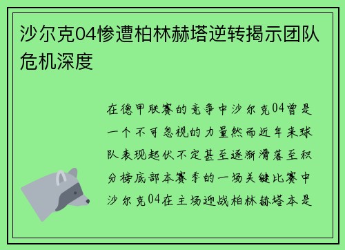 沙尔克04惨遭柏林赫塔逆转揭示团队危机深度