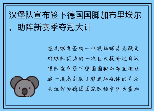 汉堡队宣布签下德国国脚加布里埃尔，助阵新赛季夺冠大计