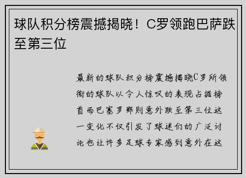 球队积分榜震撼揭晓！C罗领跑巴萨跌至第三位